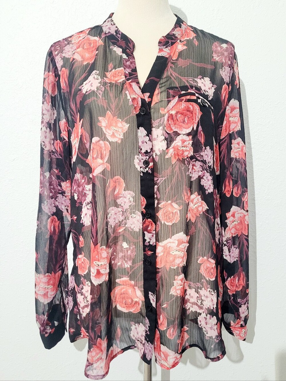 Kut From The Kloth Floral Sheer Blouse Women's Large Button Front Long Sleeve - Picture 2 of 11